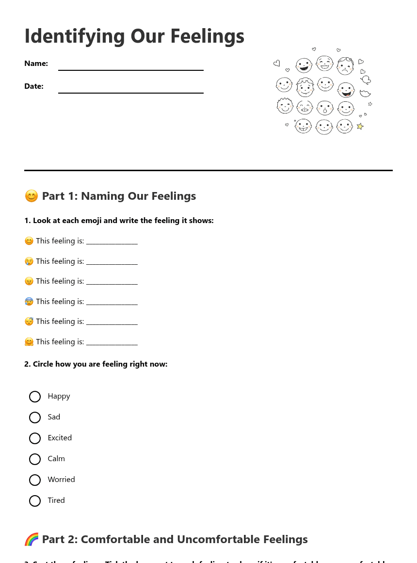 Identifying Our Feelings worksheet preview