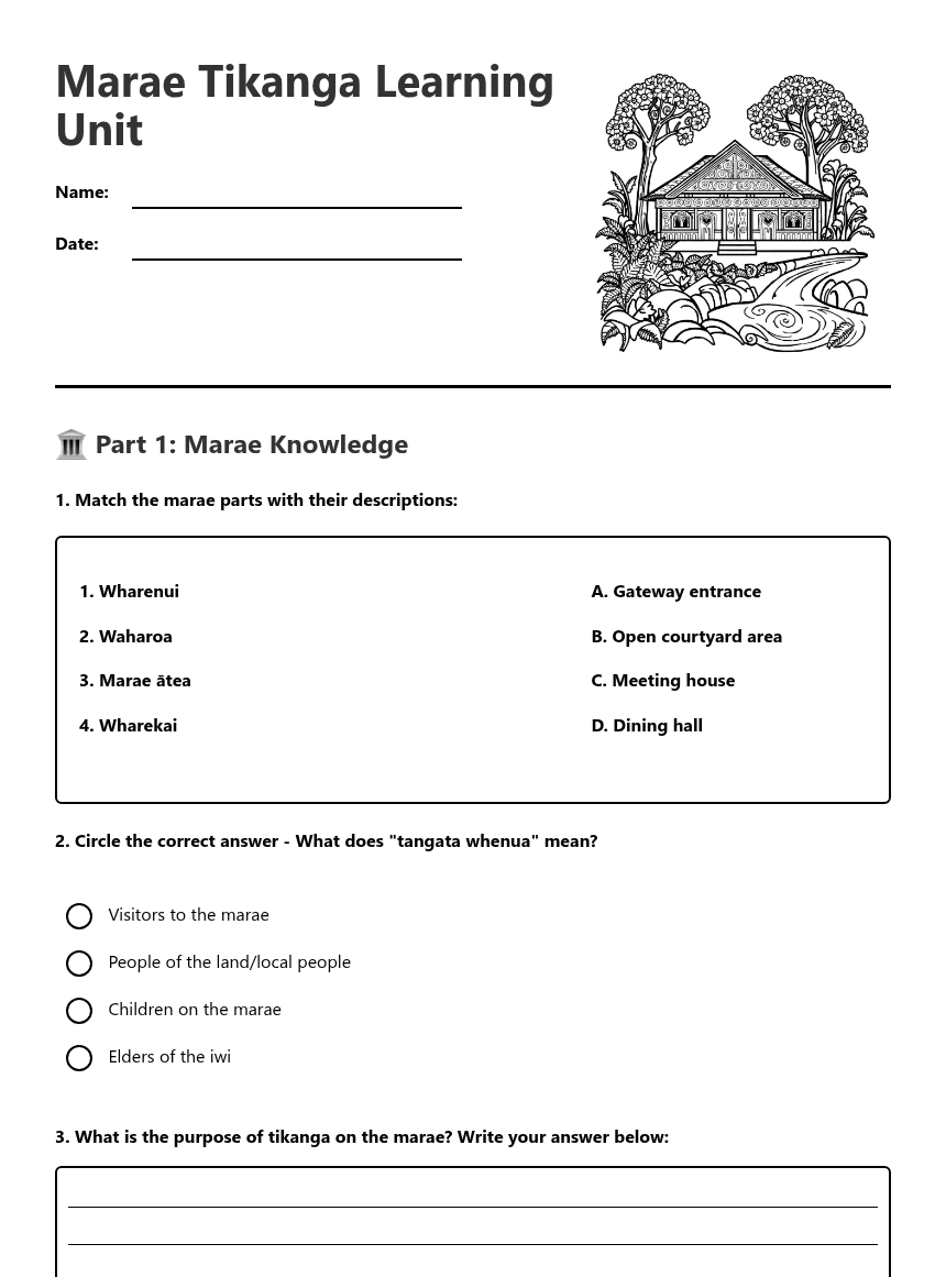 Marae Tikanga Learning Unit worksheet preview