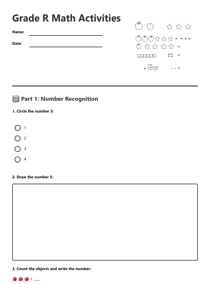 Grade R Math Activities worksheet preview