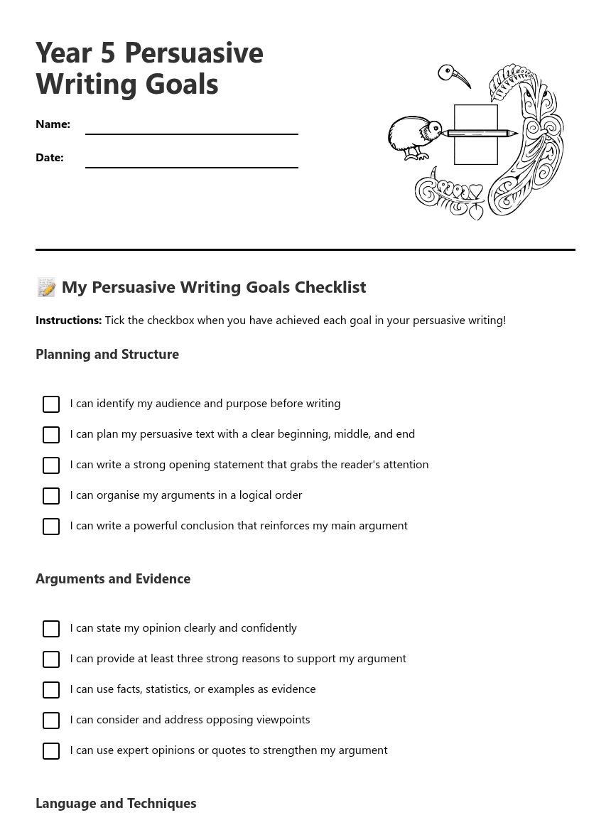 Year 5 Persuasive Writing Goals worksheet preview