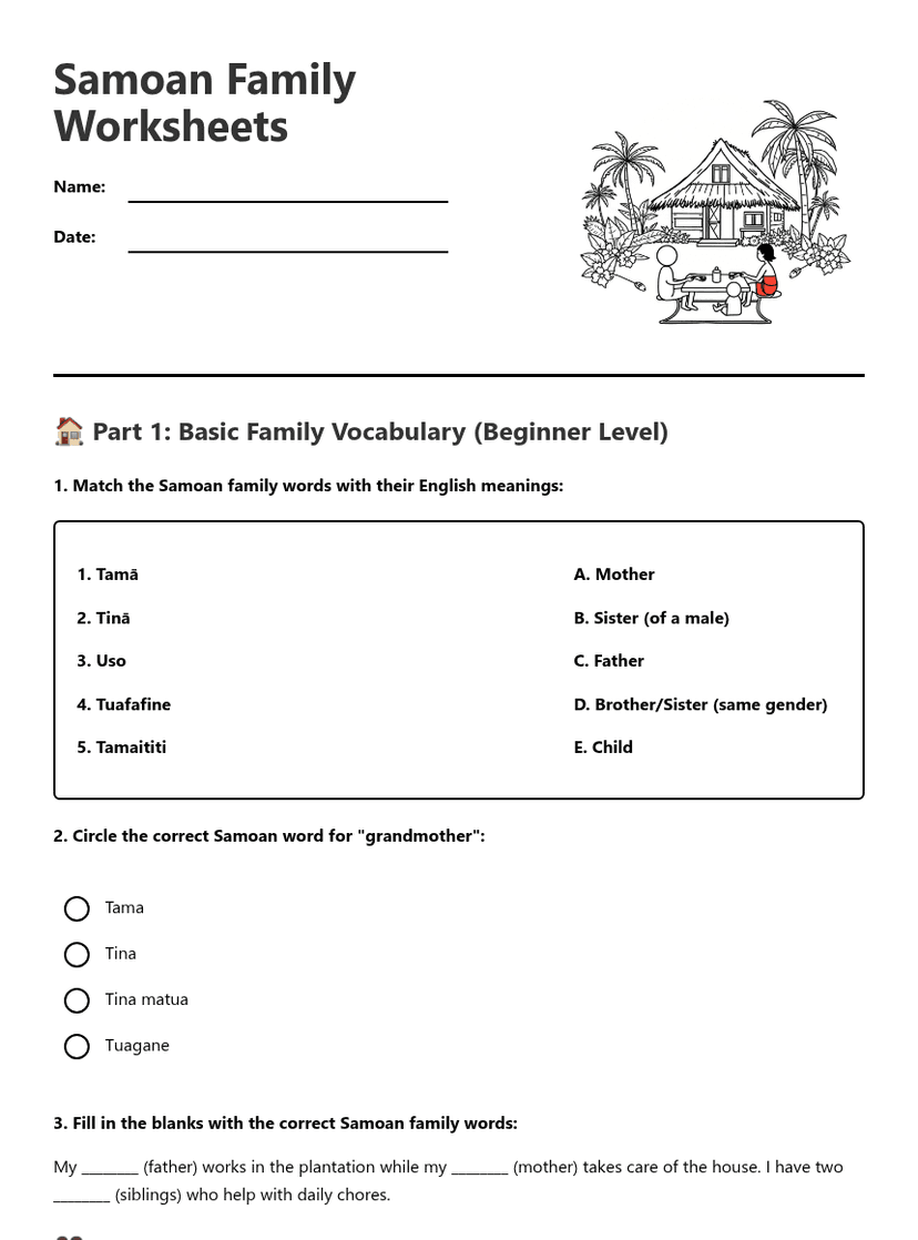 Samoan Family Worksheets