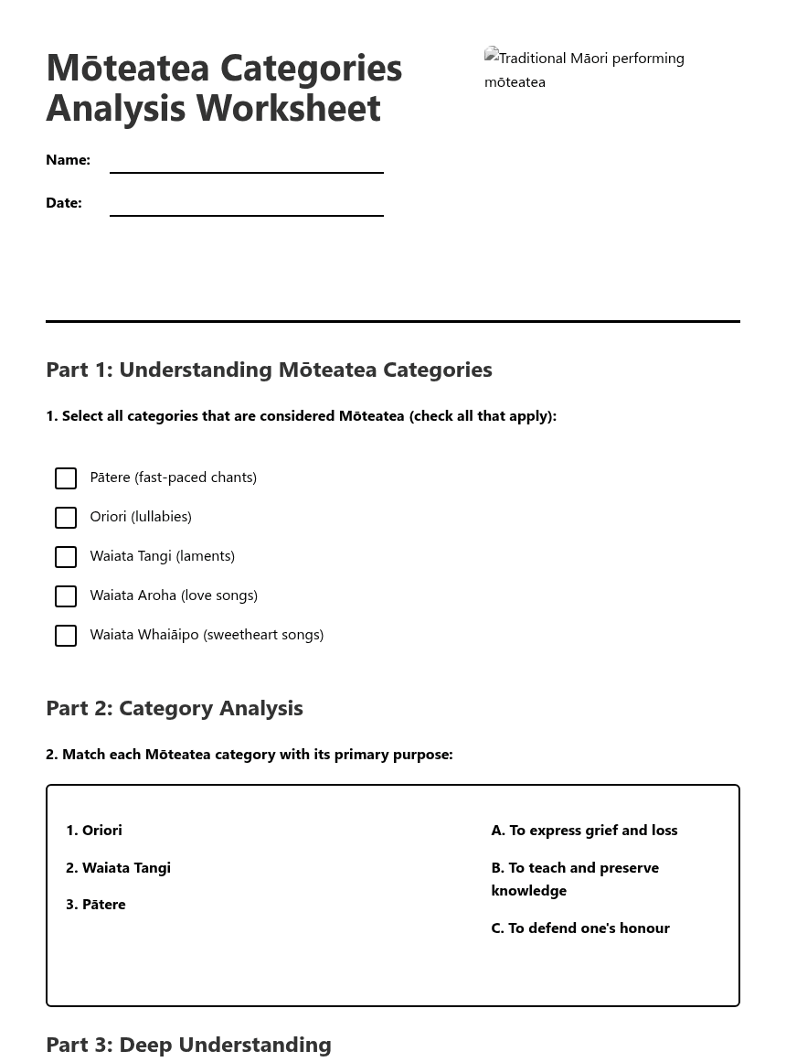 Mōteatea Categories Analysis Worksheet worksheet preview