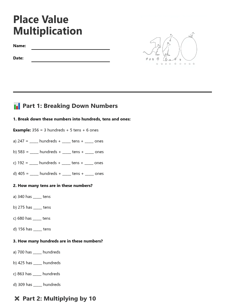 Place Value Multiplication worksheet preview