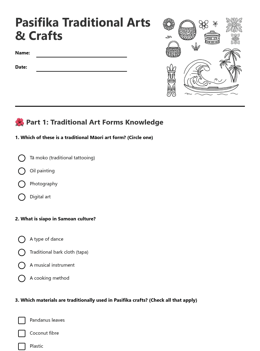 Pasifika Traditional Arts Crafts worksheet preview