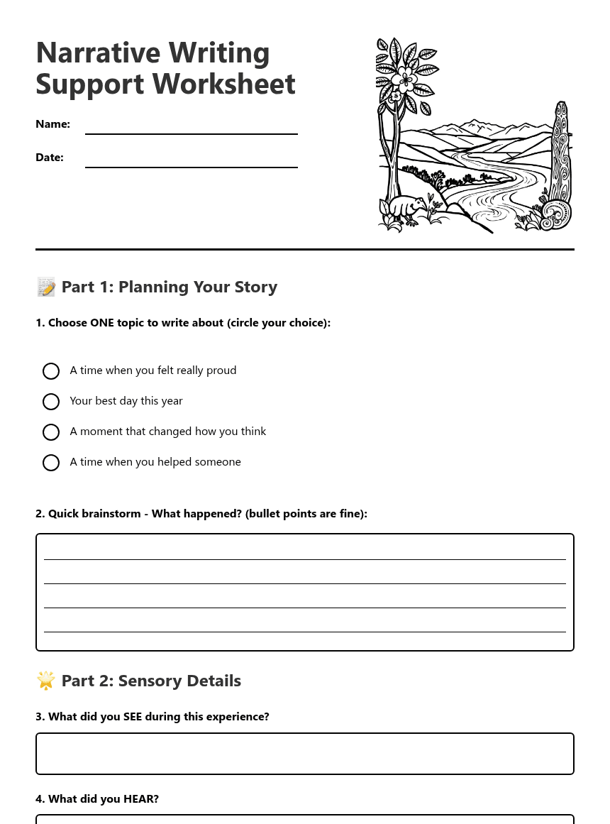 Narrative Writing Support Worksheet worksheet preview