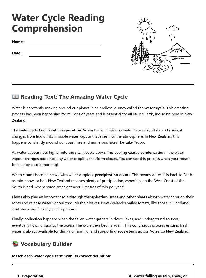 Water Cycle Reading Comprehension worksheet preview