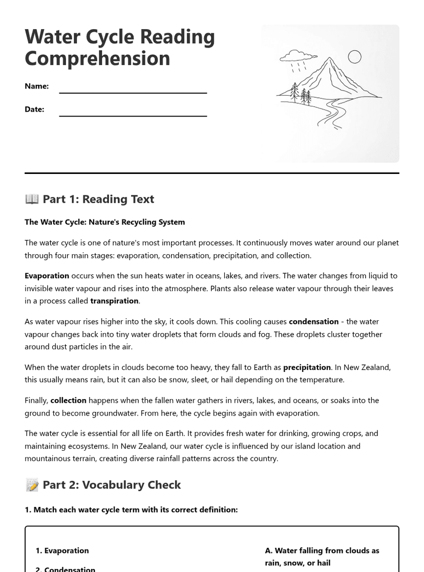 Water Cycle Reading Comprehension