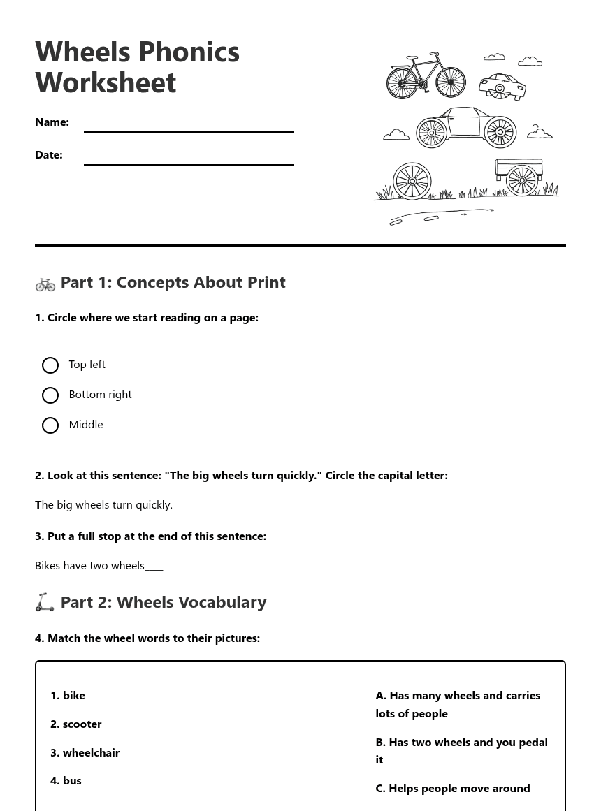 Wheels Phonics Worksheet worksheet preview