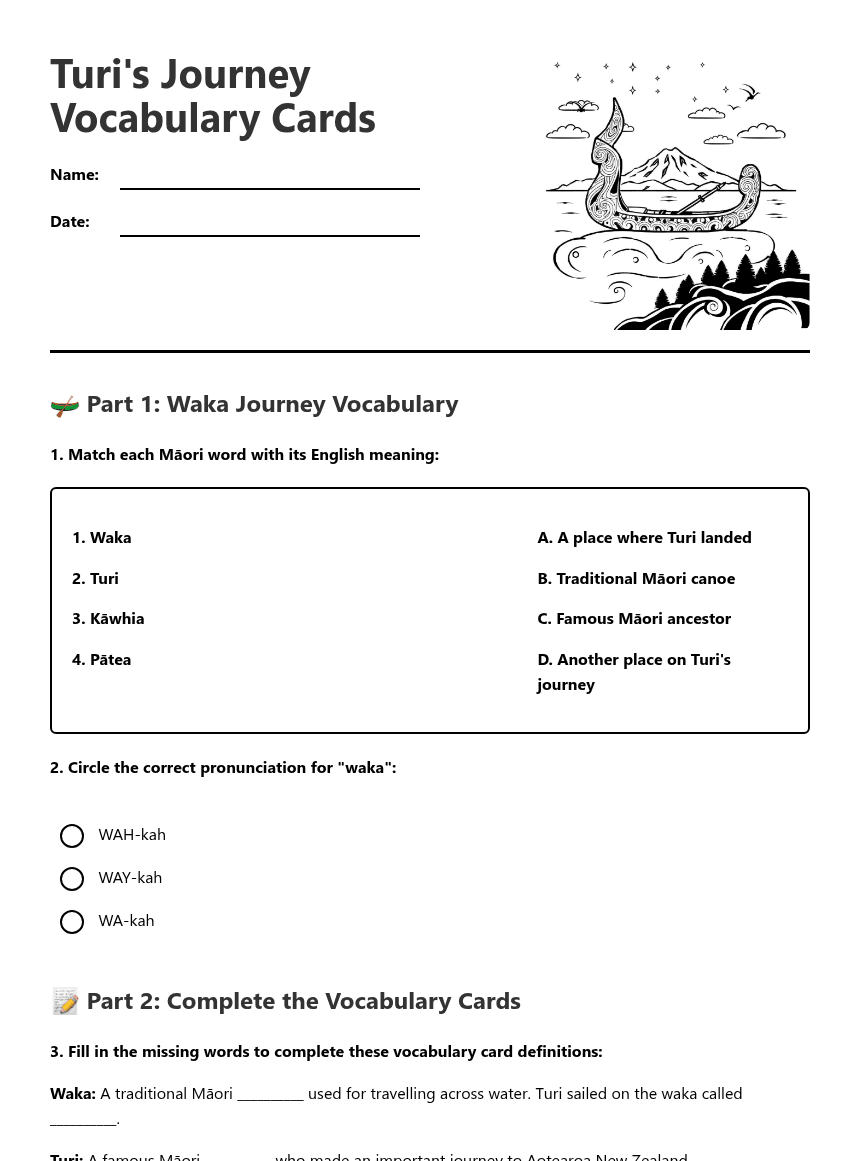 Turi's Journey Vocabulary Cards worksheet preview