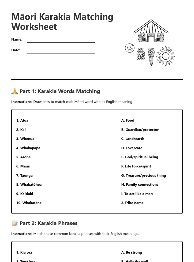 Māori Karakia Matching Worksheet