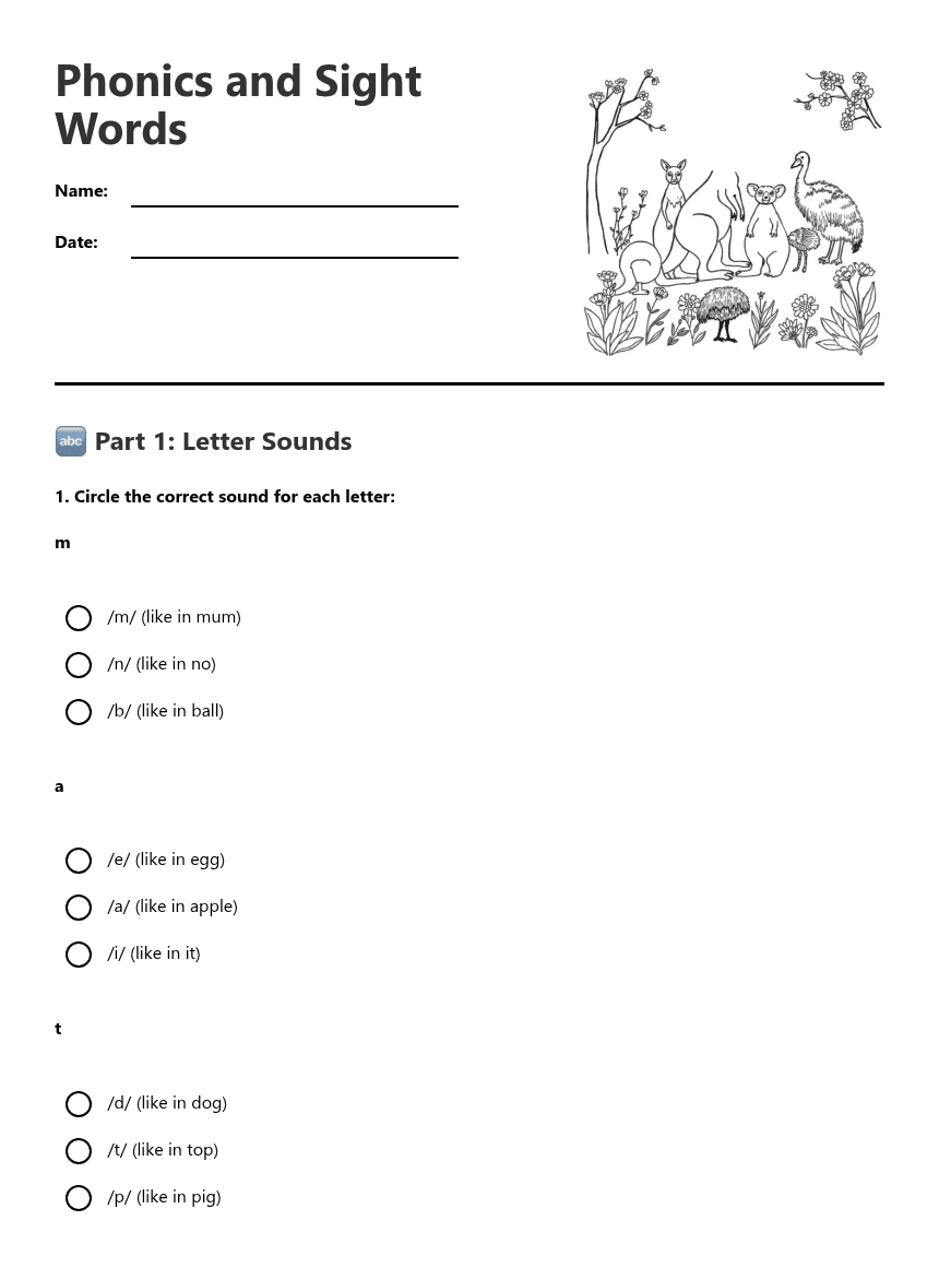 Phonics and Sight Words worksheet preview