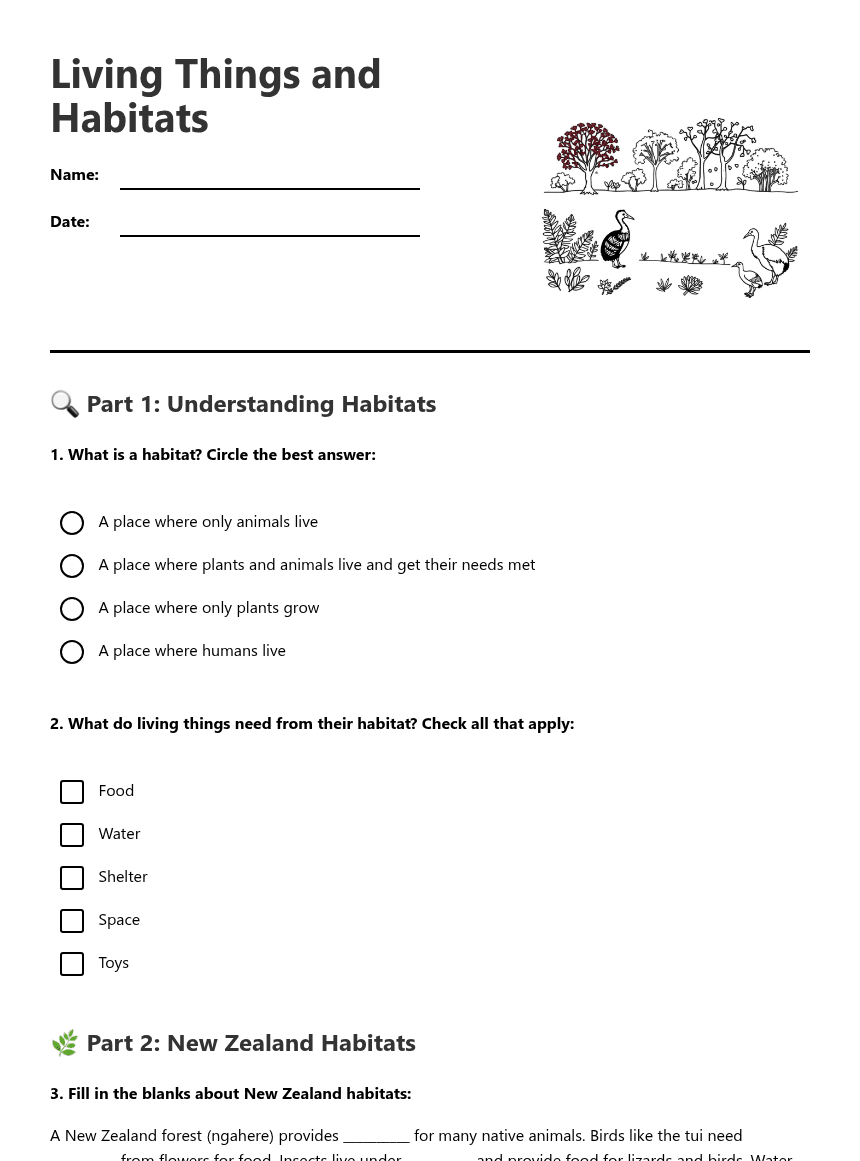 Living Things and Habitats worksheet preview