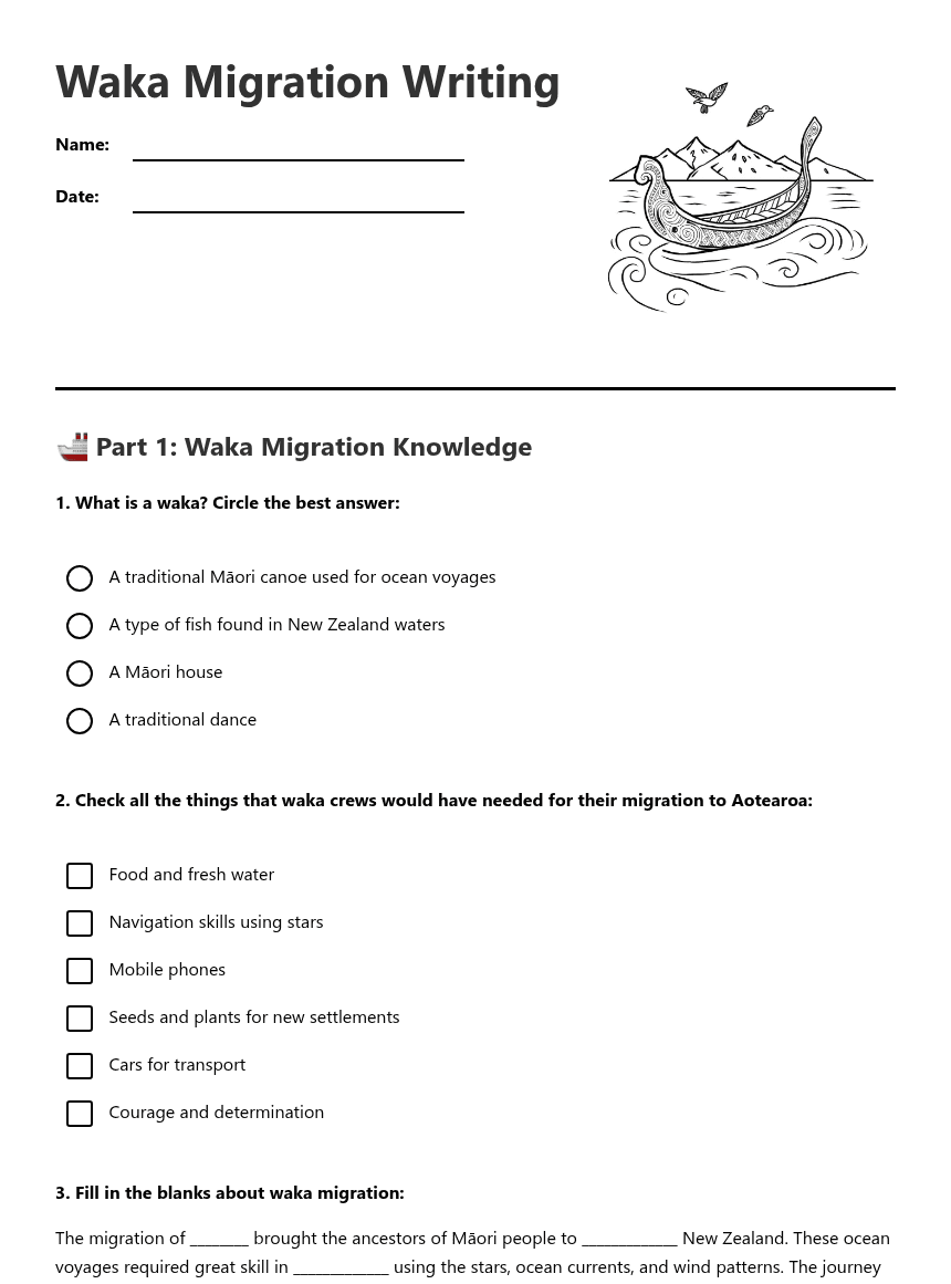 Waka Migration Writing worksheet preview