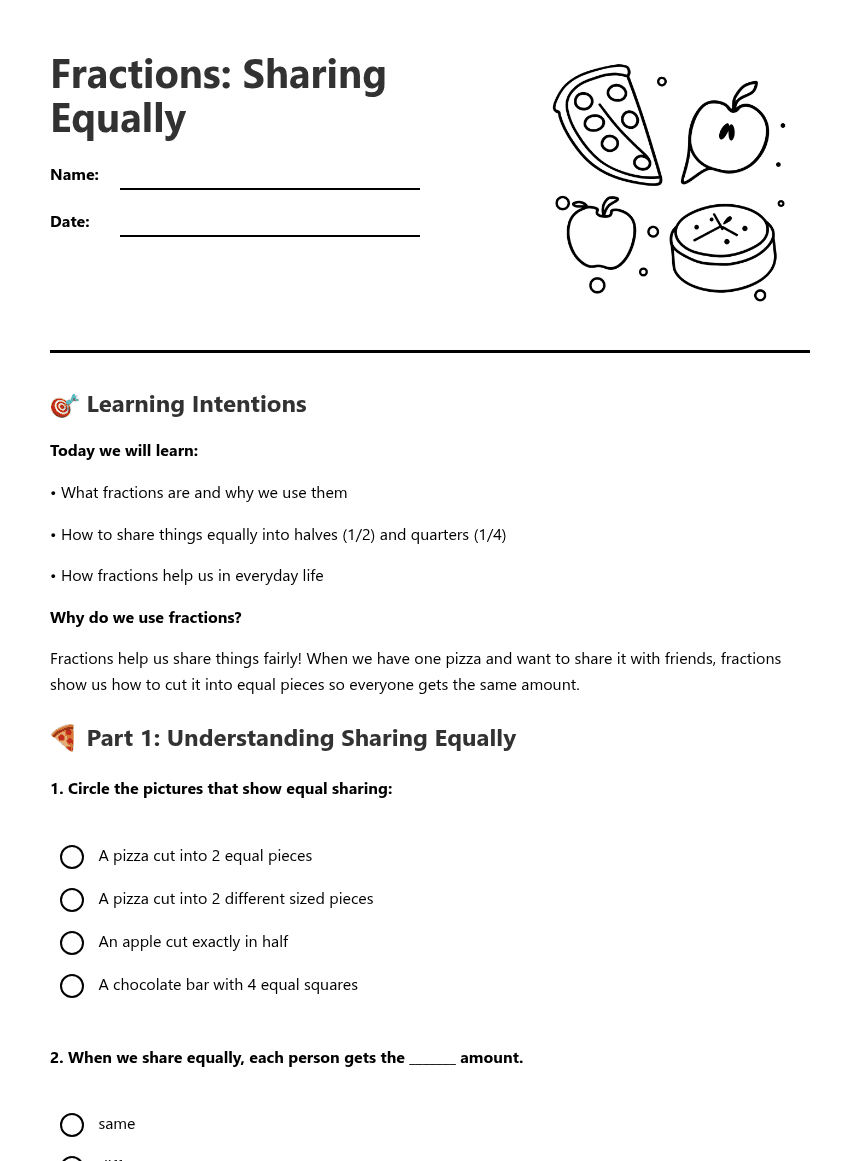 Fractions: Sharing Equally worksheet preview