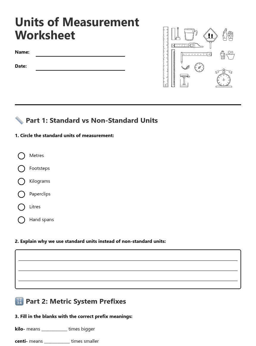 Units of Measurement Worksheet worksheet preview