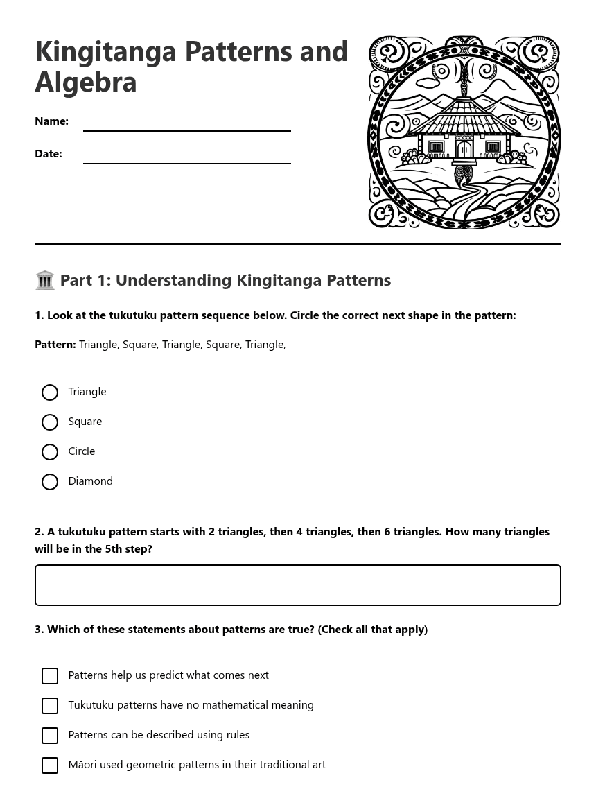 Kingitanga Patterns and Algebra worksheet preview