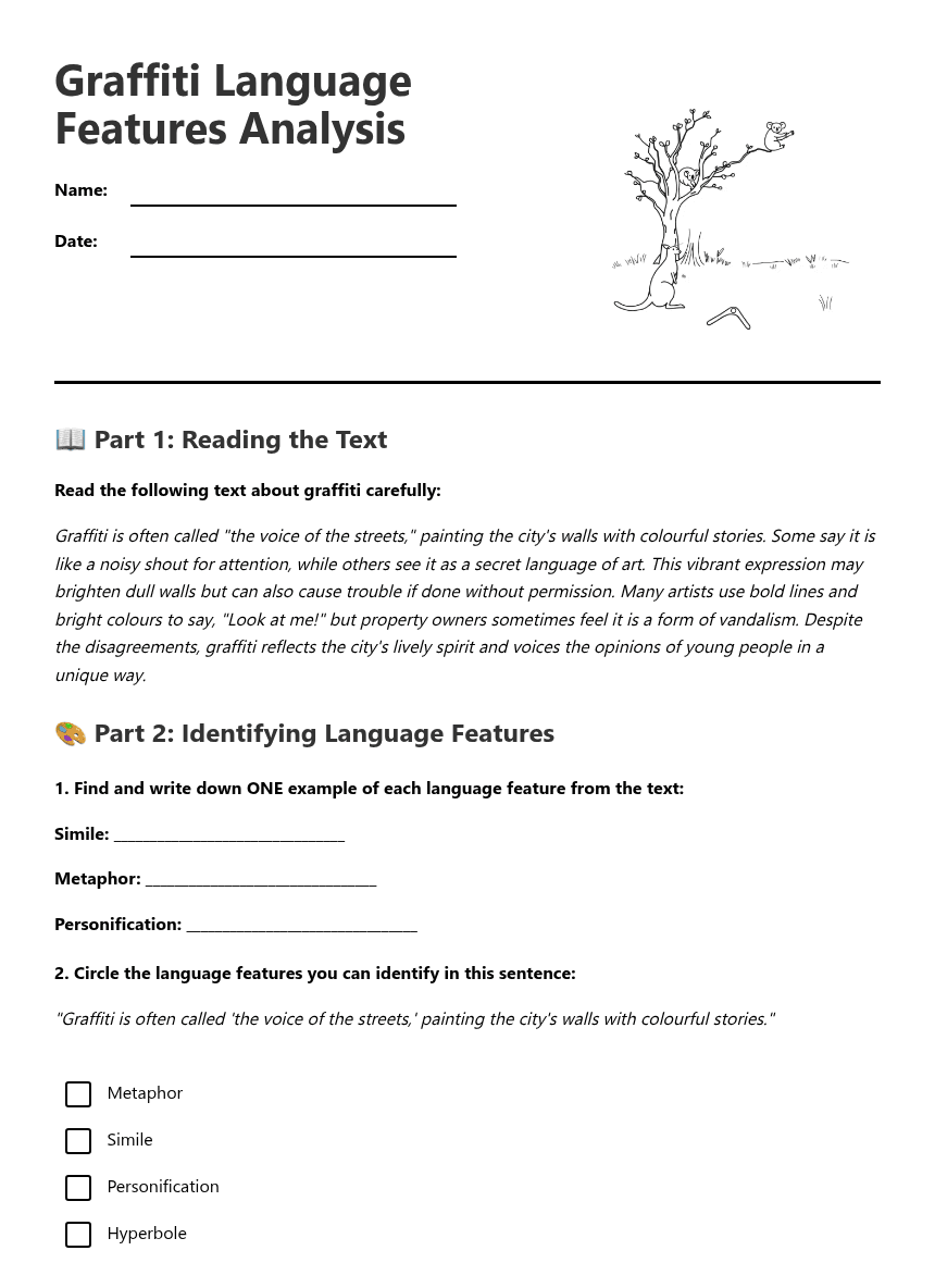 Graffiti Language Features Analysis worksheet preview
