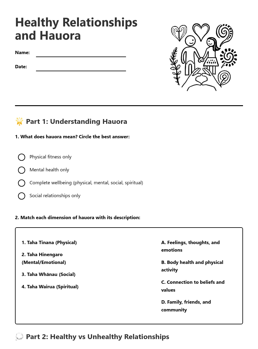 Healthy Relationships and Hauora worksheet preview