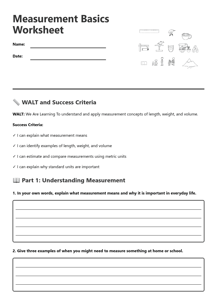 Measurement Basics Worksheet worksheet preview