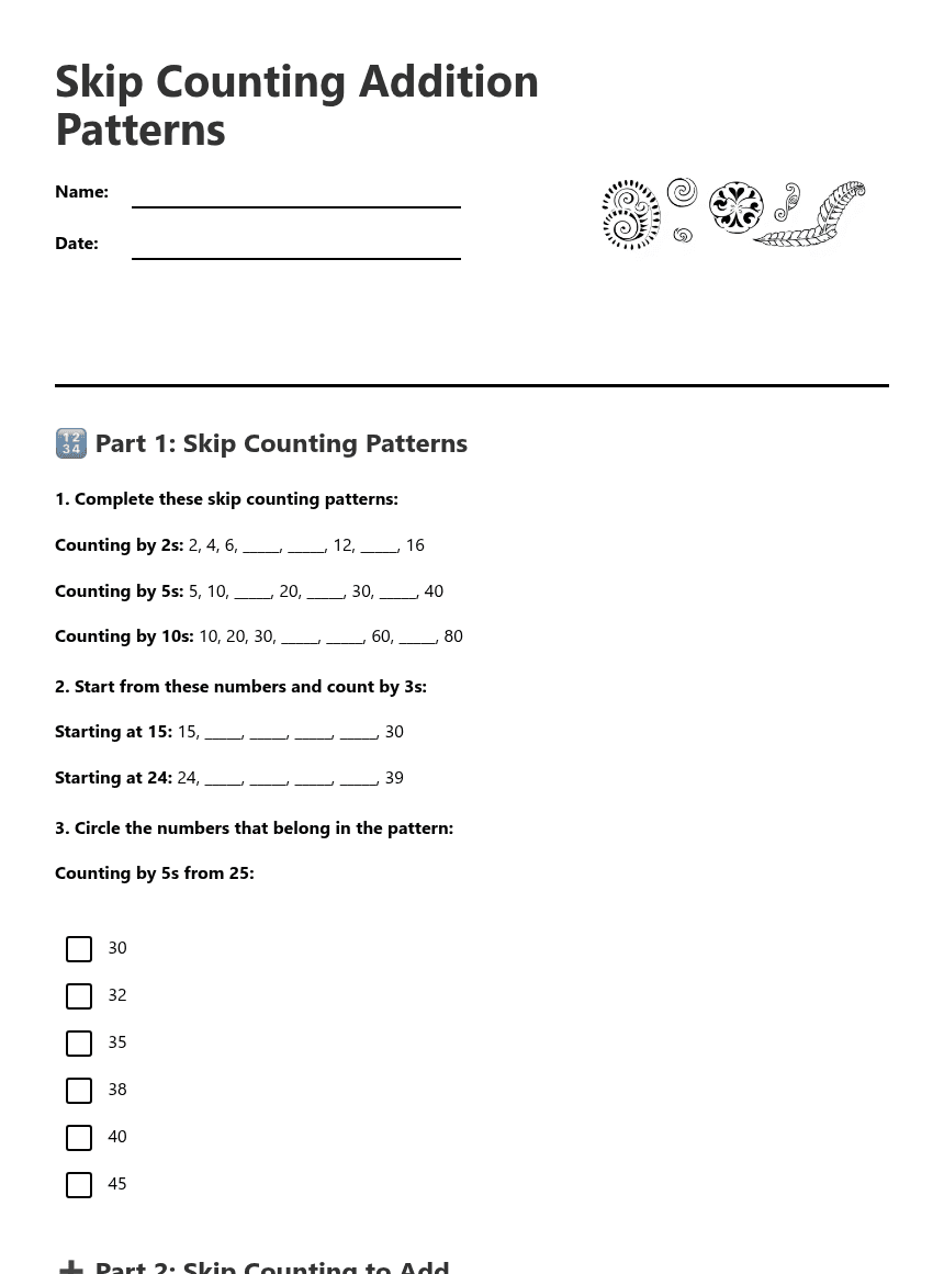 Skip Counting Addition Patterns worksheet preview