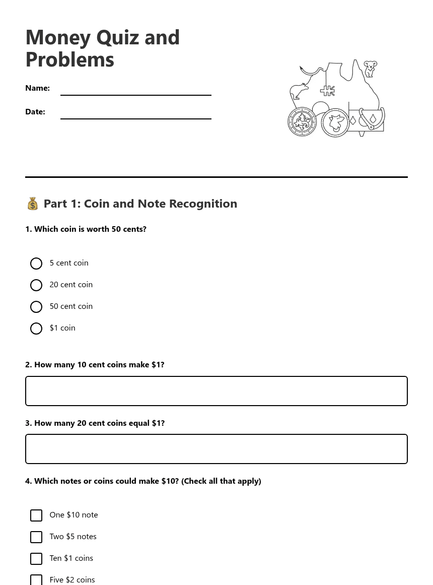 Money Quiz and Problems worksheet preview