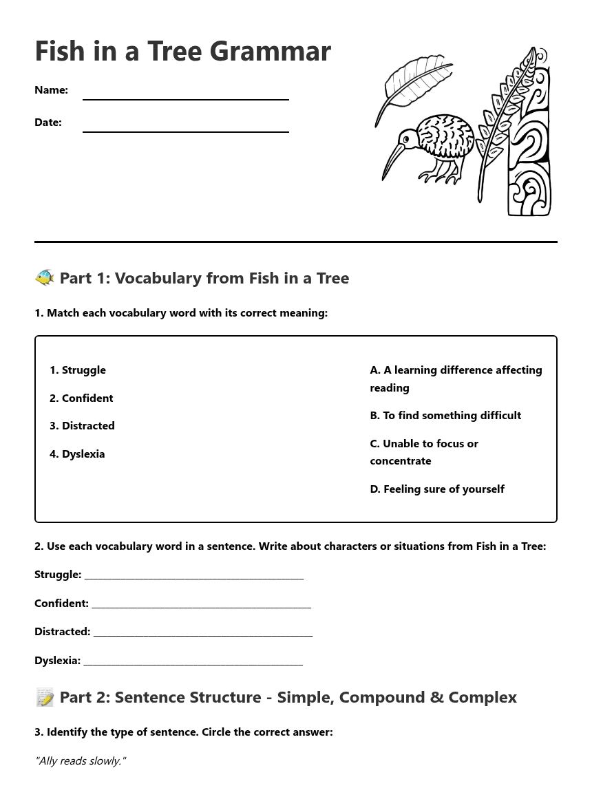 Fish in a Tree Grammar worksheet preview