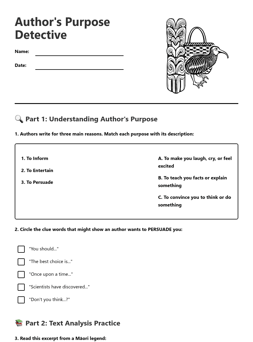 Author's Purpose Detective worksheet preview