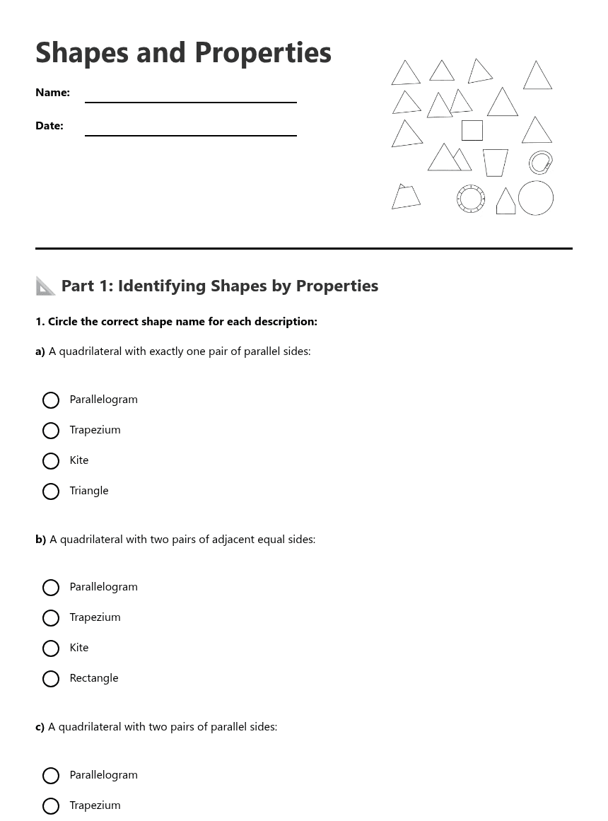 Shapes and Properties worksheet preview