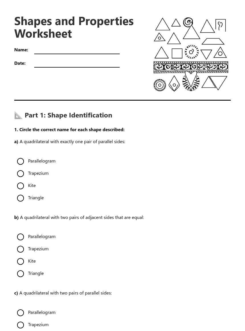 Shapes and Properties Worksheet worksheet preview