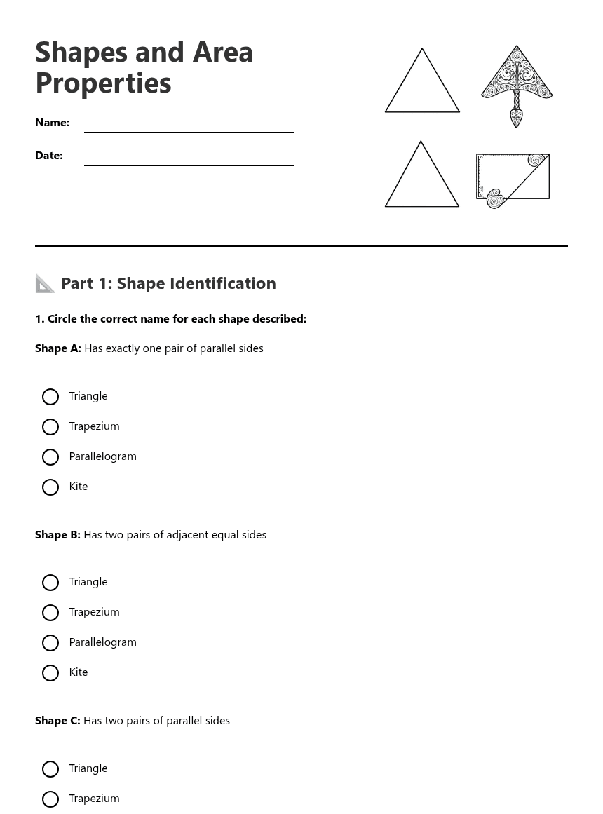 Shapes and Area Properties worksheet preview