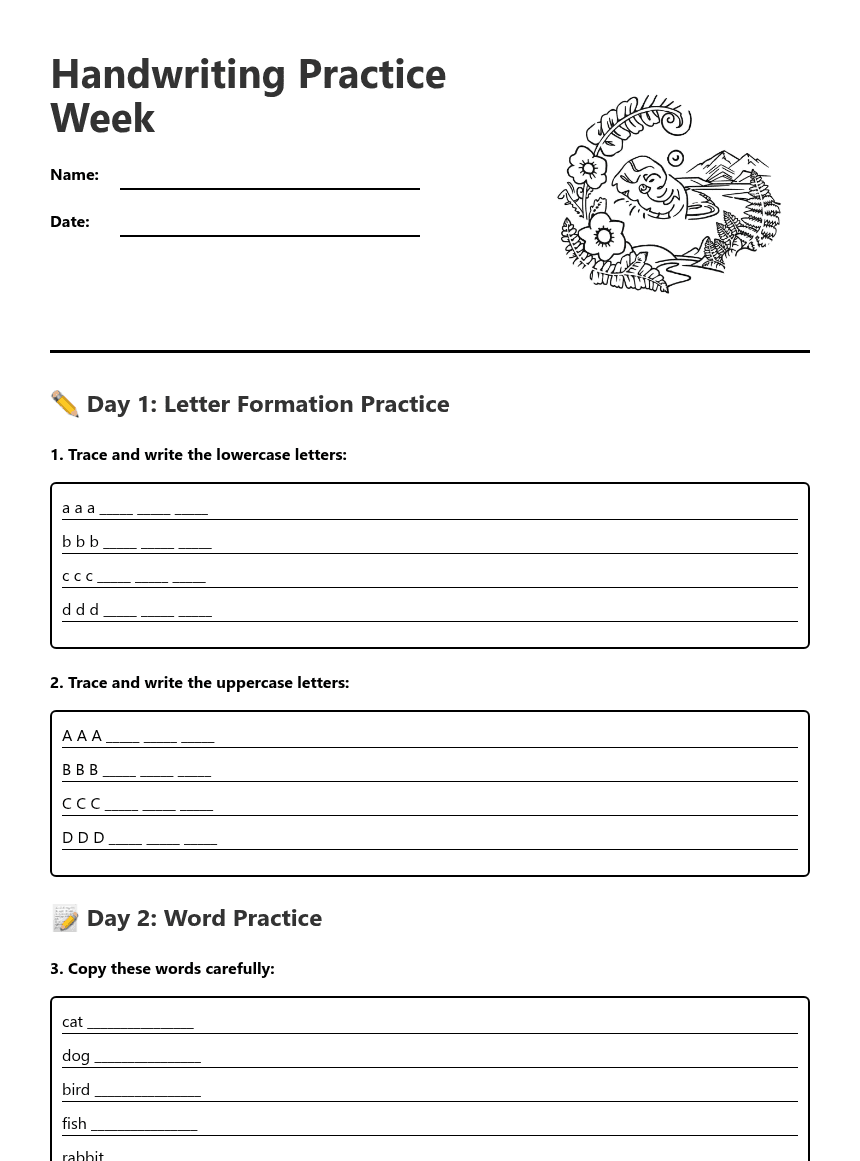 Handwriting Practice Week worksheet preview