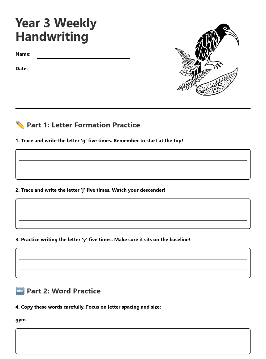 Year 3 Weekly Handwriting worksheet preview