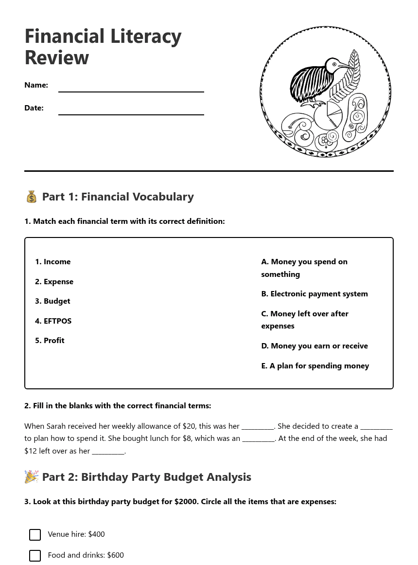 Financial Literacy Review worksheet preview