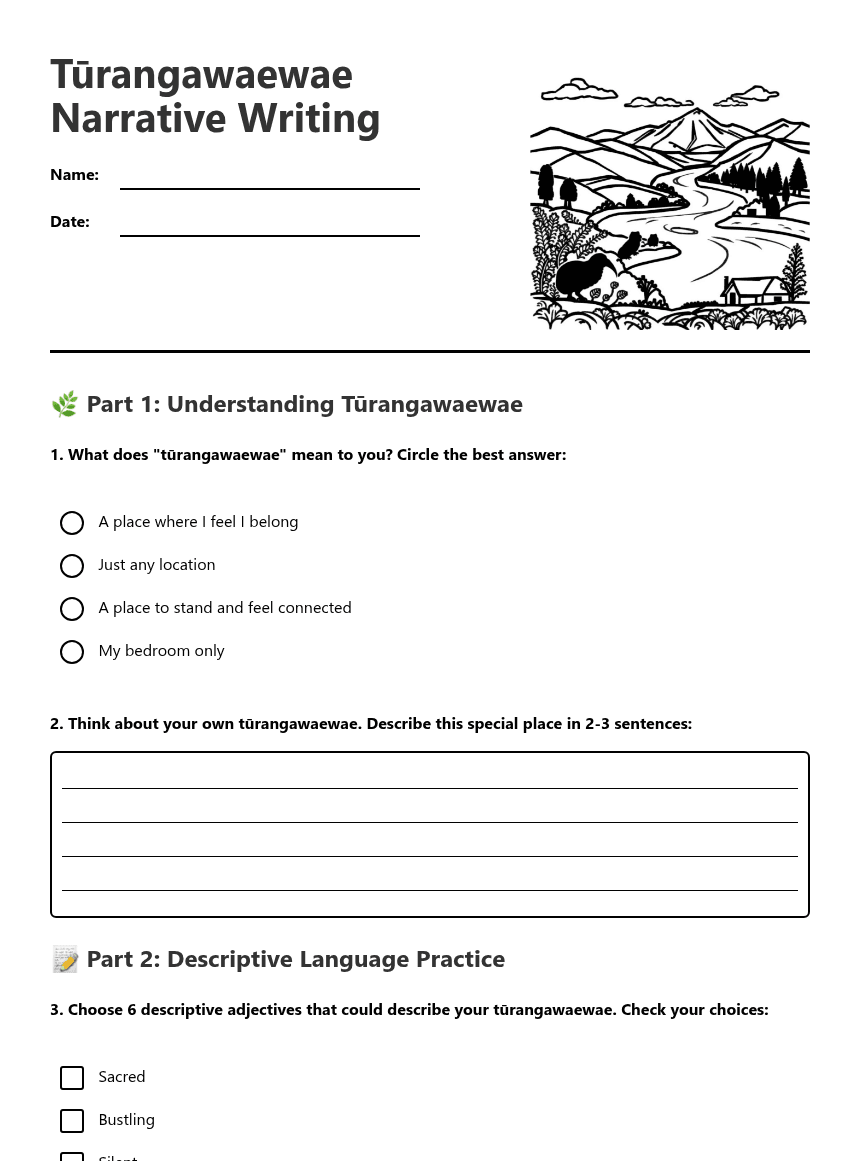 Tūrangawaewae Narrative Writing worksheet preview