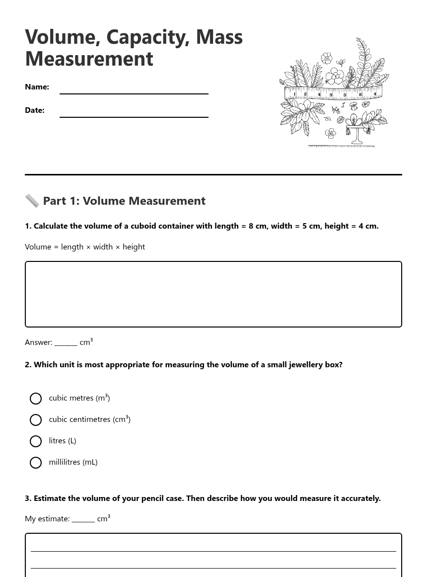 Volume, Capacity, Mass Measurement worksheet preview