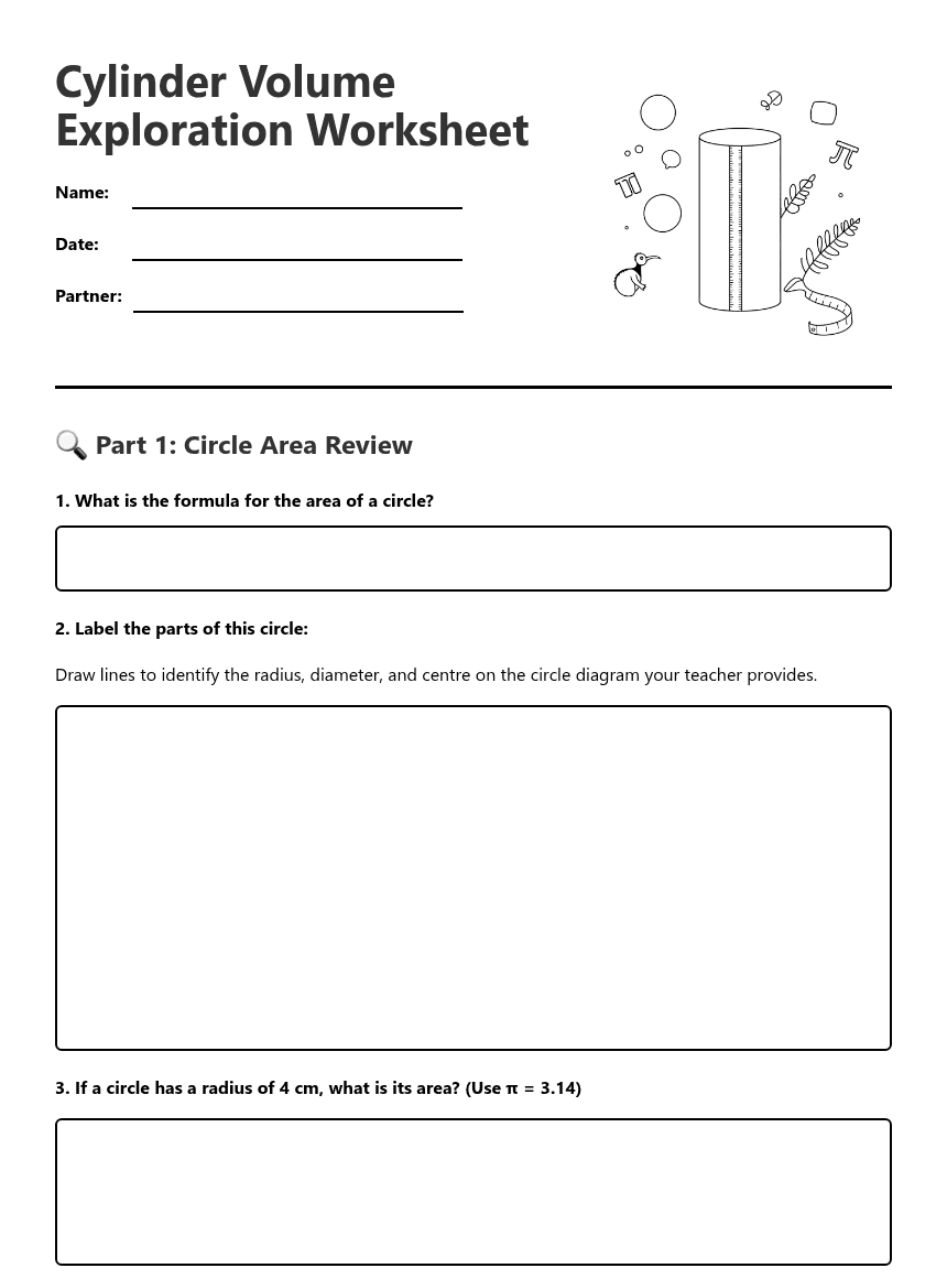 Cylinder Volume Exploration Worksheet worksheet preview