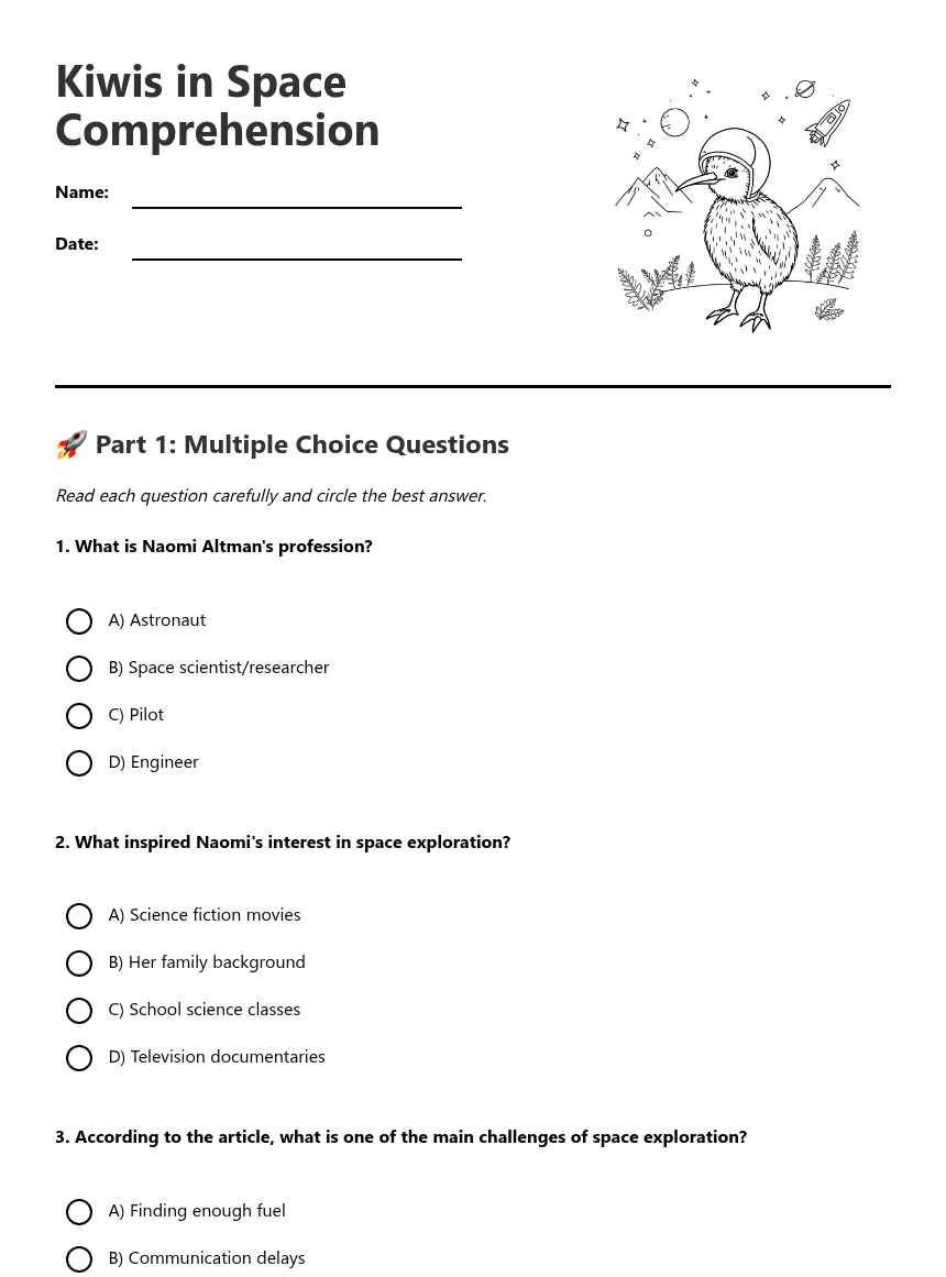 Kiwis in Space Comprehension worksheet preview