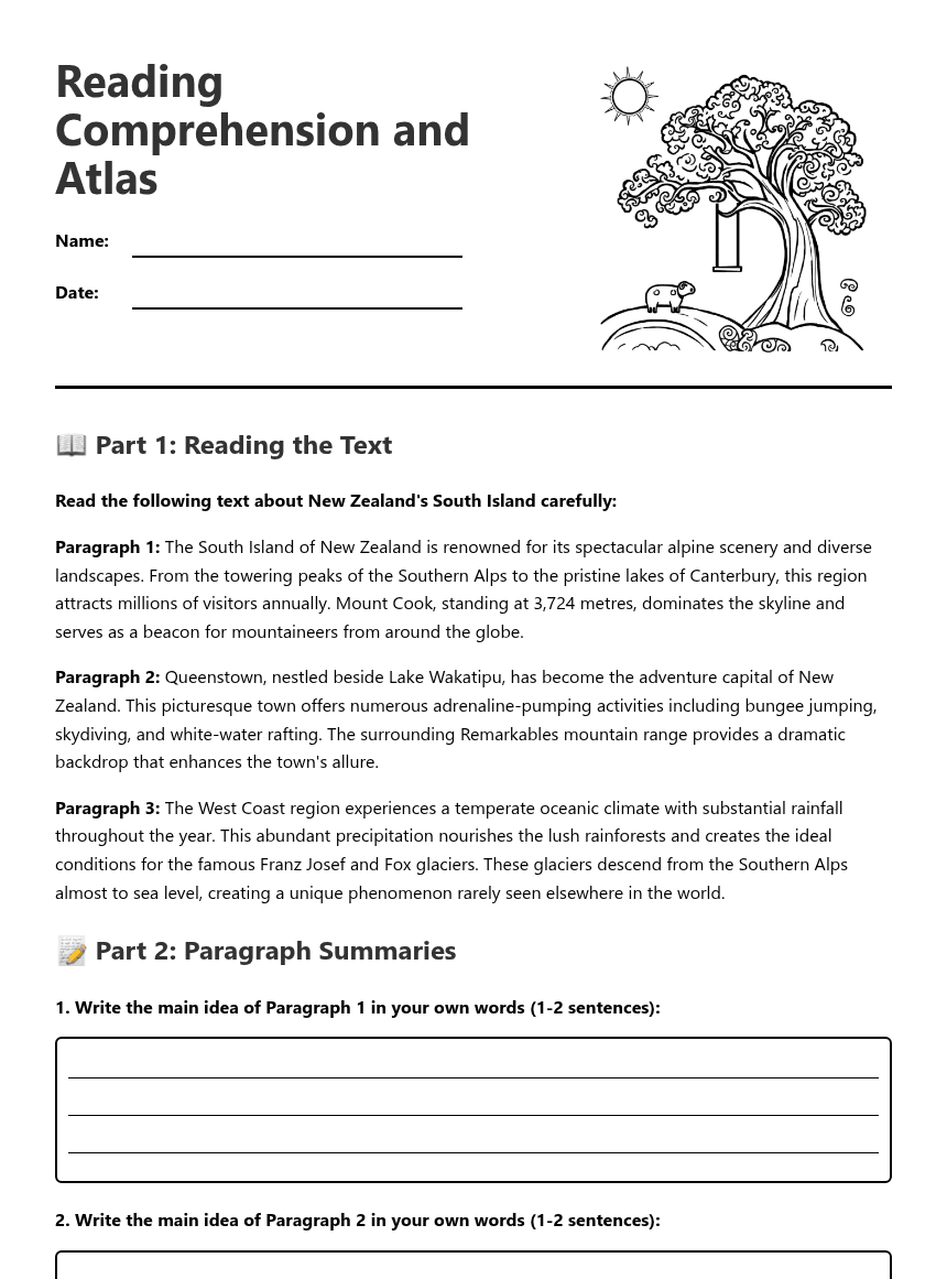 Reading Comprehension and Atlas worksheet preview