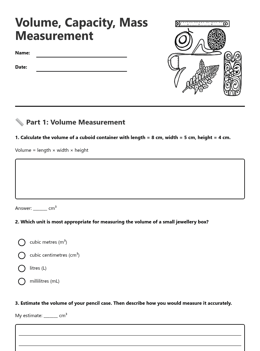 Volume, Capacity, Mass Measurement worksheet preview