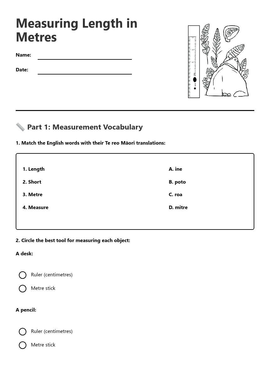 Measuring Length in Metres worksheet preview