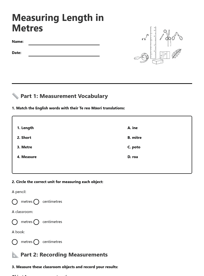 Measuring Length in Metres worksheet preview