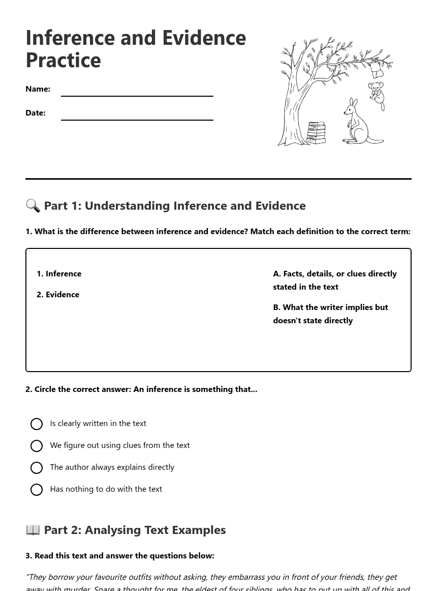 Inference and Evidence Practice worksheet preview