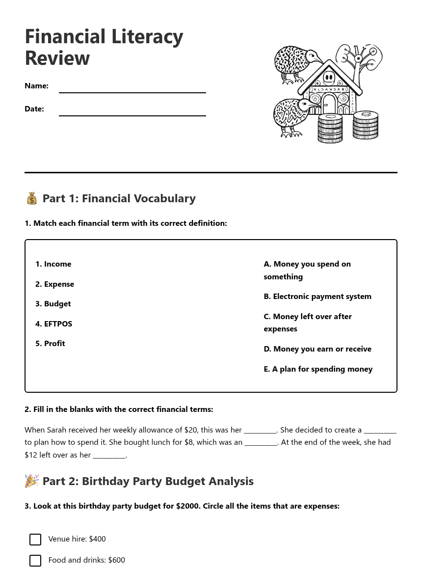 Financial Literacy Review worksheet preview
