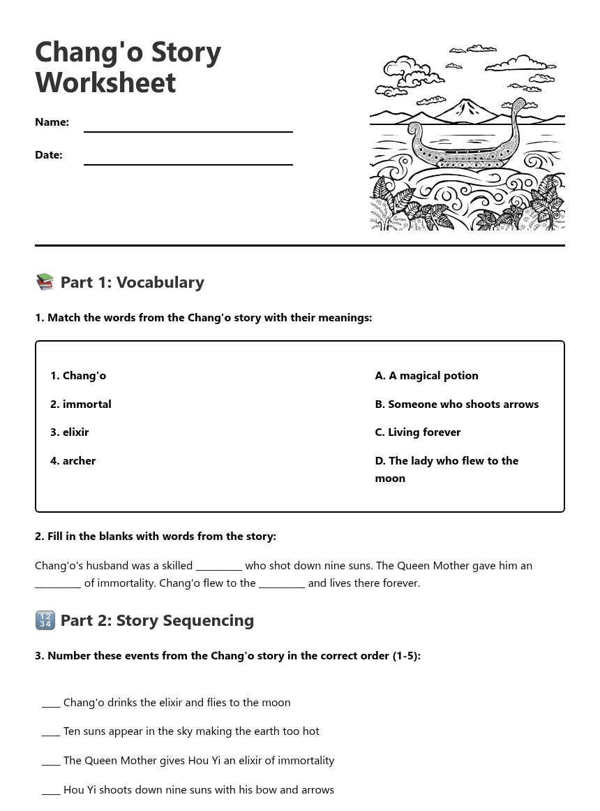 Chang'o Story Worksheet worksheet preview