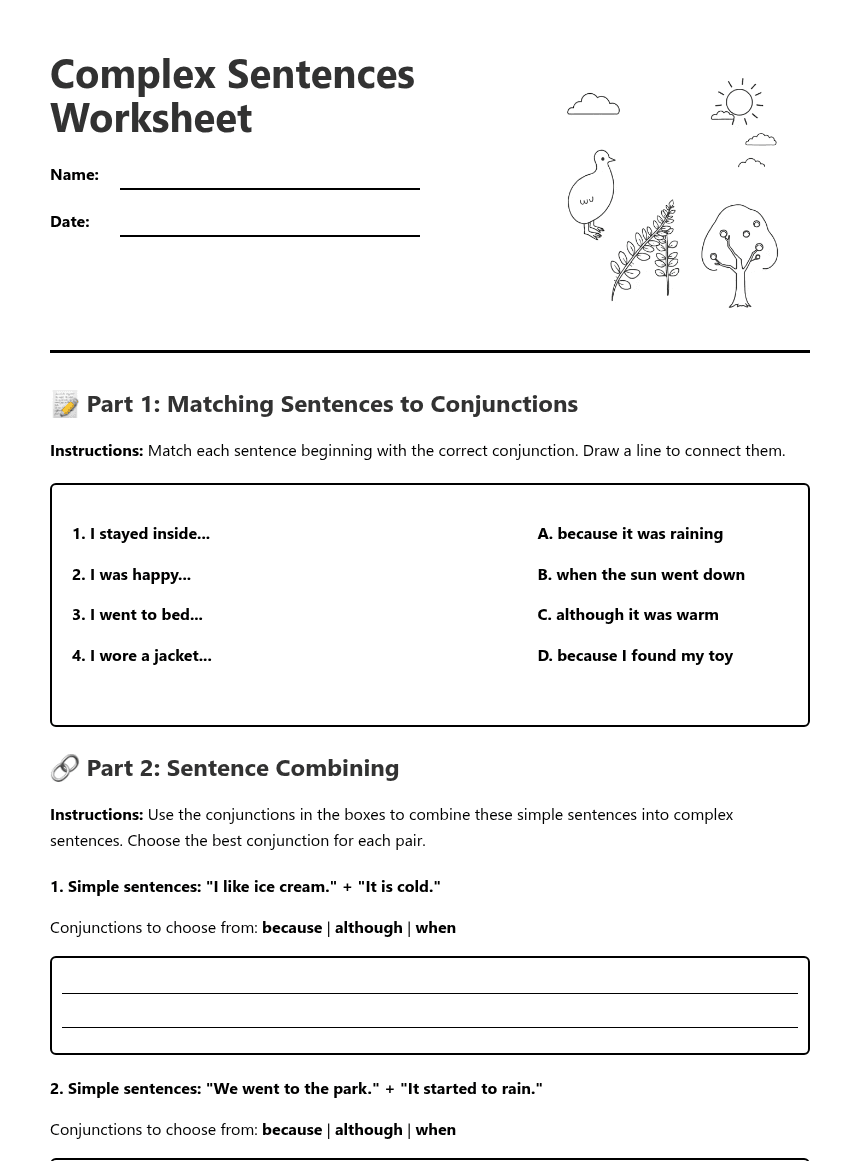 Complex Sentences Worksheet worksheet preview