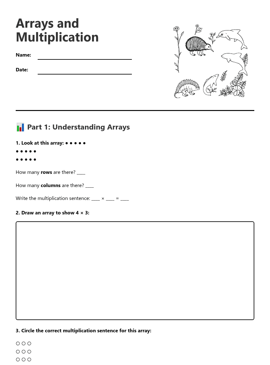 Arrays and Multiplication worksheet preview