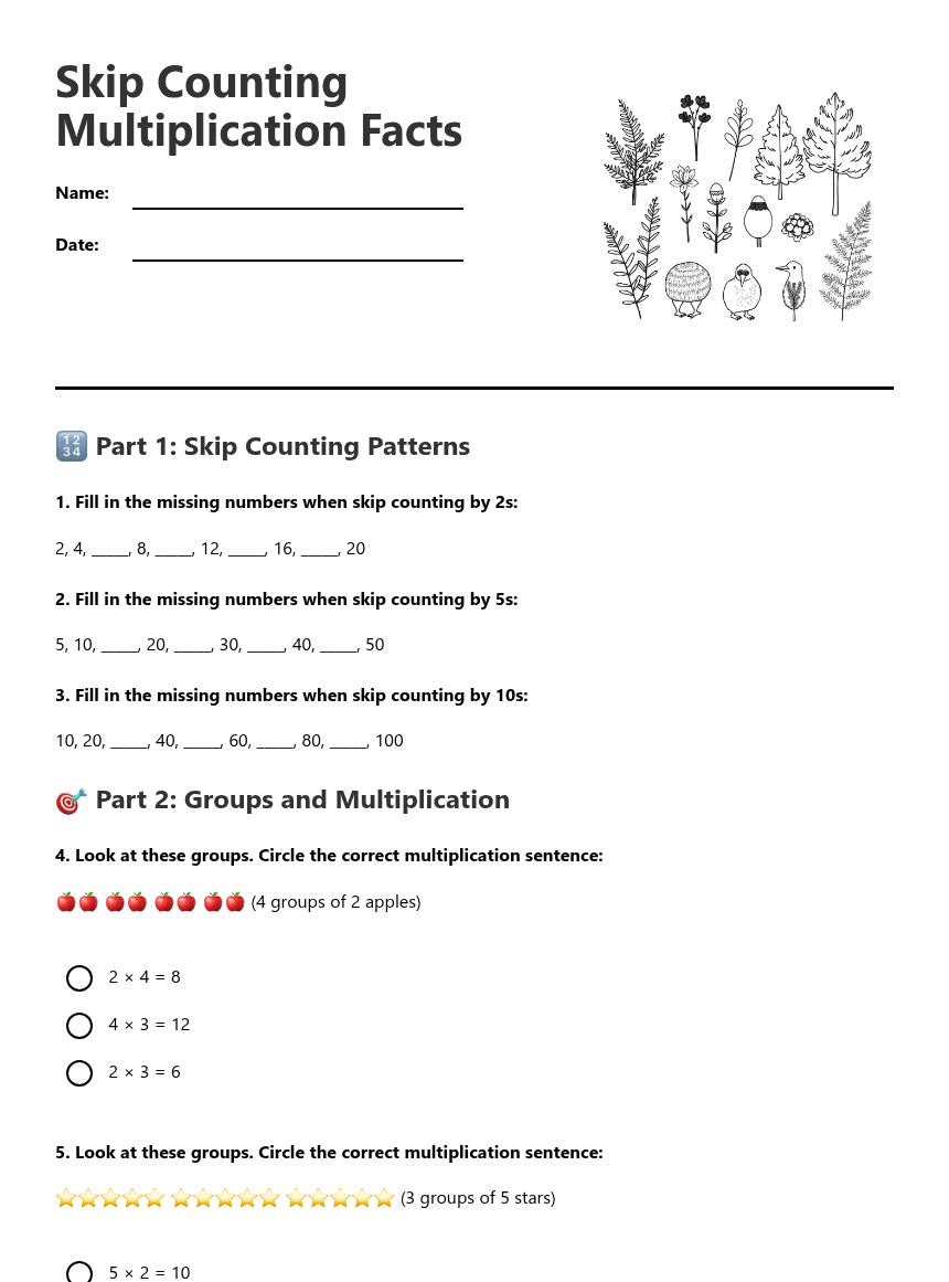 Skip Counting Multiplication Facts worksheet preview