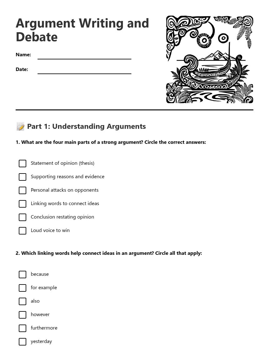 Argument Writing and Debate worksheet preview