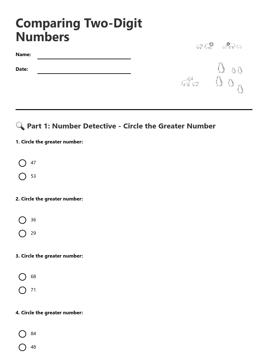 Comparing Two-Digit Numbers worksheet preview
