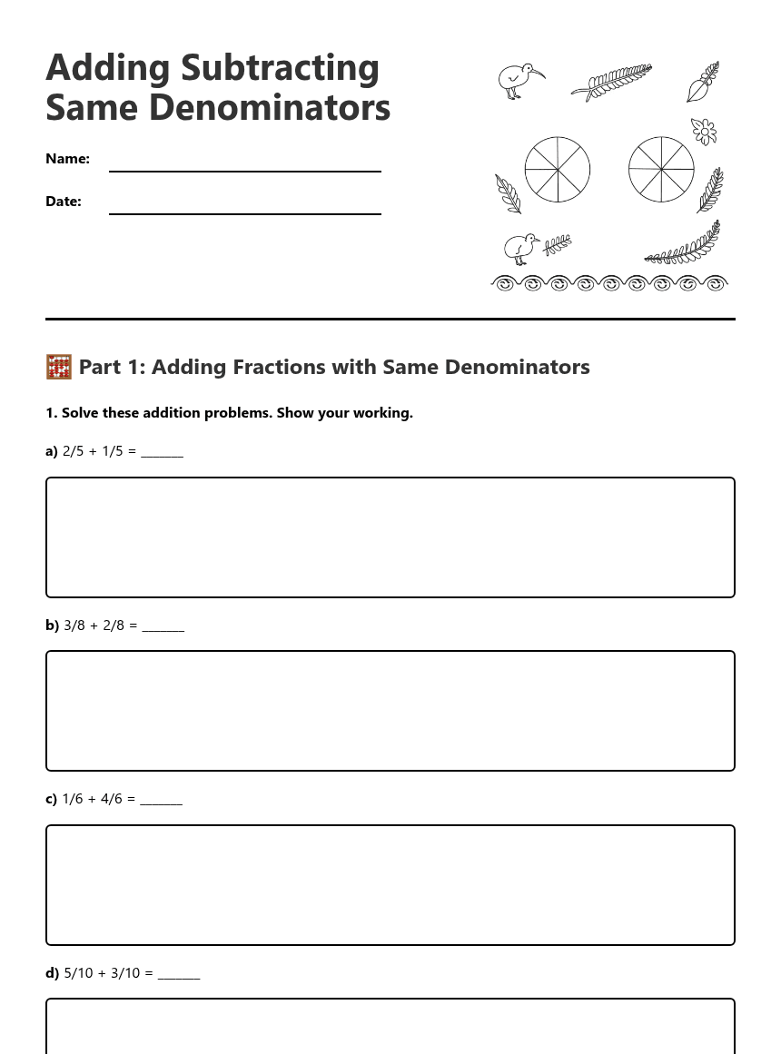 Adding Subtracting Same Denominators worksheet preview